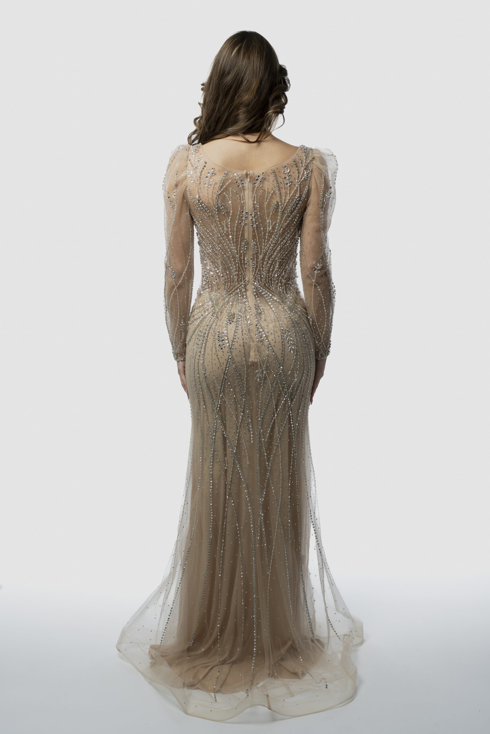 Abito Nude Con Ricami Gioiello E Maniche in Tulle - immagine 3
